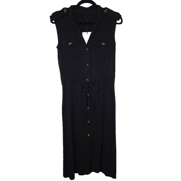 WHO WHAT WEAR Womens Black Button Up Collar Tie Belt Shirt Dress Size XS - Picture 2 of 13